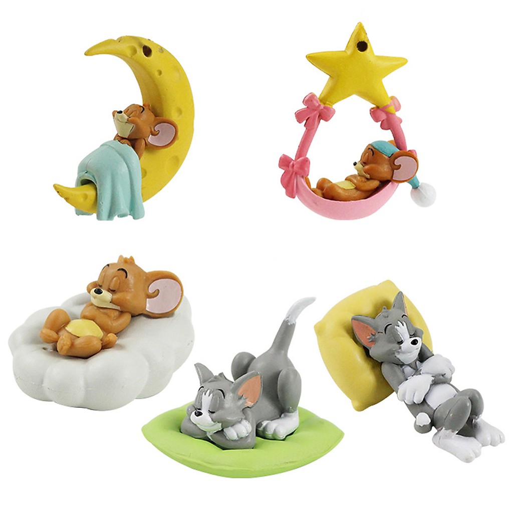 Bộ 5 mô hình trang trí Tom &amp; Jerry ngủ dễ thương (2-5 cm) bằng nhựa đặc làm đồ chơi quà tặng hoạt hình Anime giá rẻ