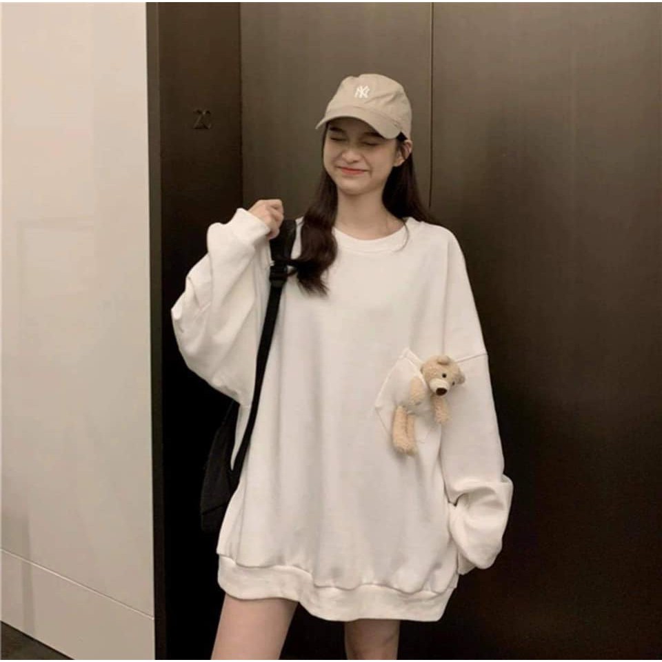 Áo Thun Da Cá TEDDY BEAR Nữ ♥ Phông dài tay oversize dáng rộng phối túi gấu màu ĐEN | TRẮNG | TÍM Ulzzang ♥