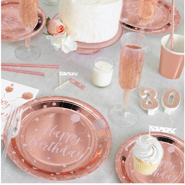 Set đĩa/ cốc/ khăn giấy màu vàng hồng dùng một lần cho tiệc cưới/ sinh nhật