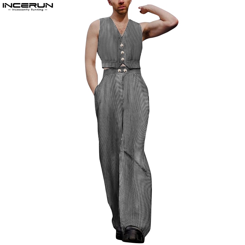 Set áo ghi lê và quần dài INCERUN họa tiết caro thời trang cho nam