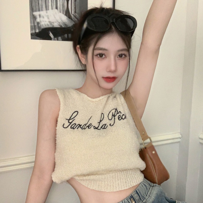 Áo Tank Top Dệt Kim Sát Nách Cổ Tròn Hở Lưng In Chữ Phong Cách Hàn Quốc Thời Trang Cho Nữ