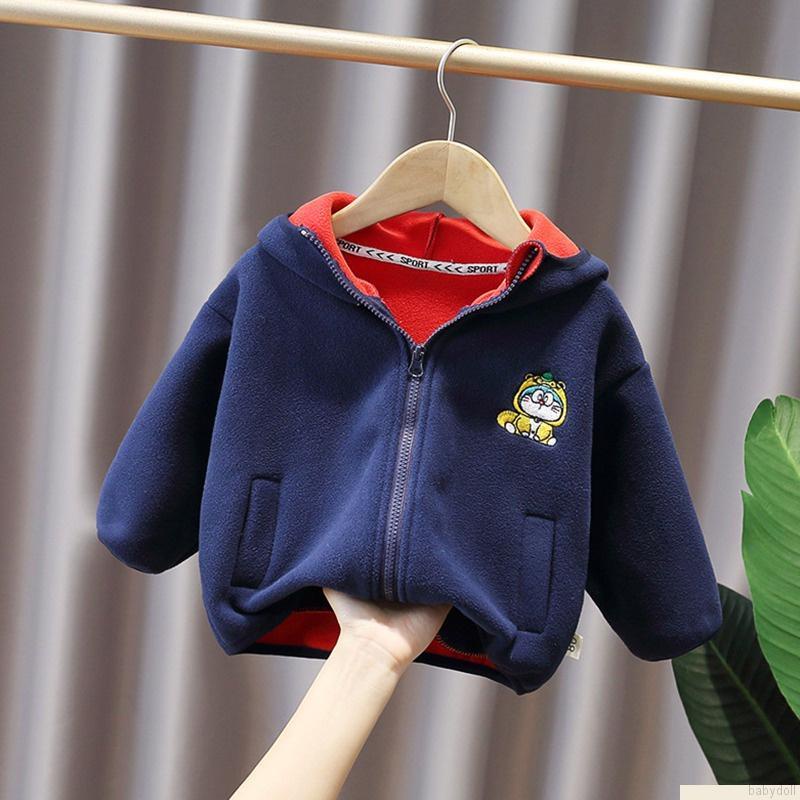Áo khoác cotton lông cừu tay dài dáng rộng phối khóa kéo in hoạt hình kiểu Hàn Quốc cho bé trai