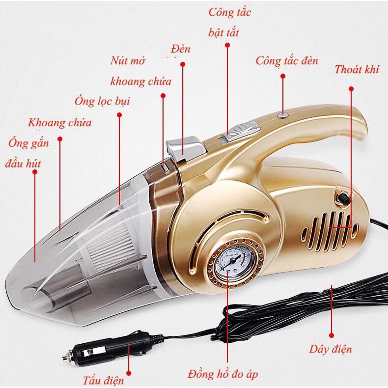 Máy hút bụi xe hơi ô tô cầm tay 4 trong 1 - Máy hút bụi cầm tay xe hơi kiêm bơm lốp đèn pin và áp suất