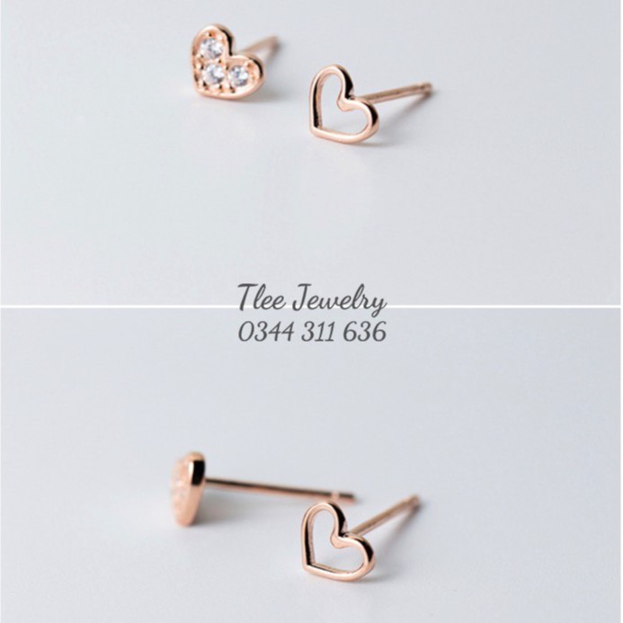 Khuyên tai bạc nữ TLEE cặp tim rỗng, tim nạm đá mini TleeJewelry B0304