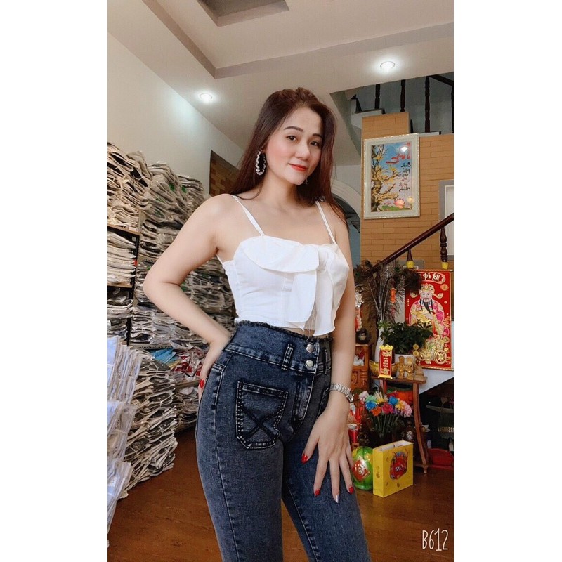 Quần Jeans Nữ Ống Loe Dài Lưng Lai Tua Rua Siêu Hot