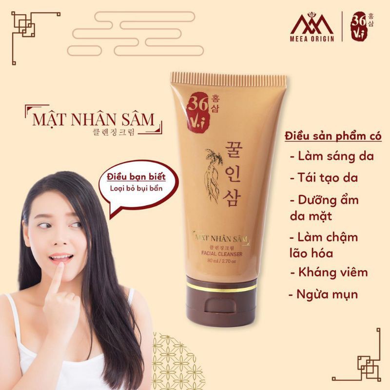 Sữa rửa mặt mật nhân sâm 36 vị, ngăn ngừa mụn, sạch mụn, trắng da, Meea Organic chính hãng, dưỡng da, chăm sóc da sâu