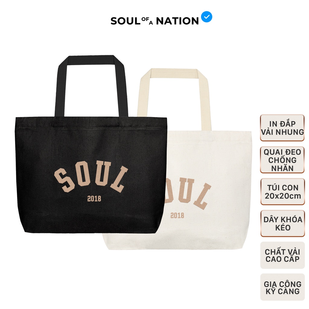 Túi Tote Vải Canvas Cao Cấp - SOUL chữ nhung - Size lớn, Dây đeo không nhăn, Có khóa kéo, Ngăn phụ bên trong