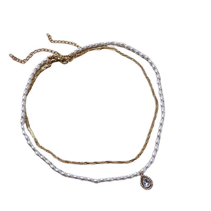 Vòng cổ Hai Lớp Đính Ngọc Trai Hình Giọt Nước Phong Cách Hàn Quốc Sang Trọng Cho Nữ