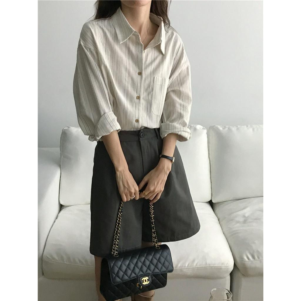 61148 Áo Sơ Mi Dài Tay Sọc Đơn Giản Vải Lanh Cotton