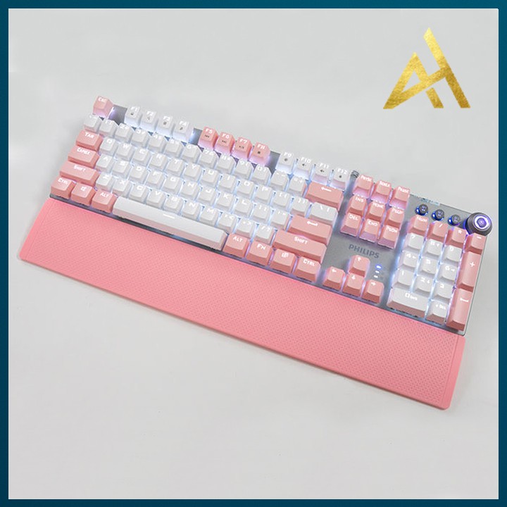 Bàn Phím Cơ Gaming Keycap Xuyên Led Đổi Màu Philips 8614DQ Màu Hồng Bàn Phím Máy Tính Laptop Có Dây Keyboard Chơi Game