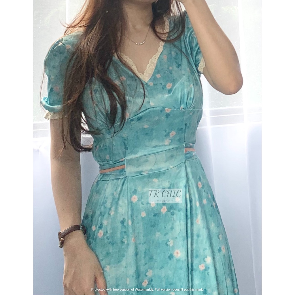 Đầm váy nữ vải lụa hoa nhí dáng dài tay ngắn phồng hai kiểu thắt eo cổ viền ren tiểu thư màu xanh cốm