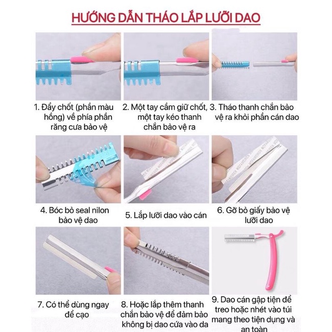 Cán Dao+ 10 lưỡi Dao Cạo  Chân Mày, Dụng Cụ Tỉa Cạo Lông Mày Râu Tóc mai gáy lông bi Gấp gọn Tiện Lợi