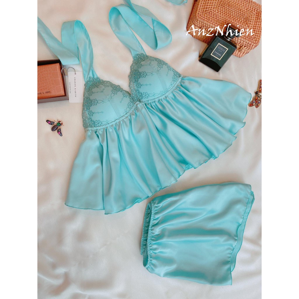 Bộ đồ ngủ lụa đẹp mịn màu xanh ngọc thiết kế kiểu cao cấp quyến rũ sexy thoải mái