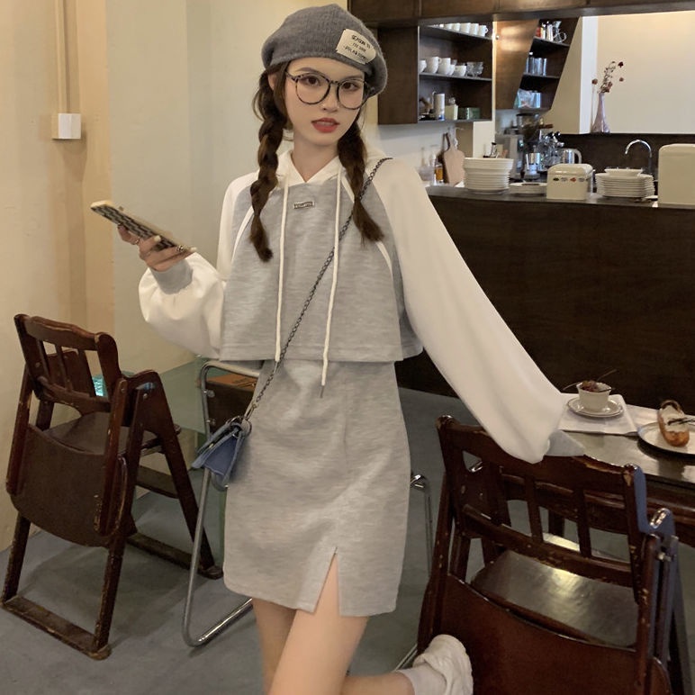 Set Đồ Thể Thao Gồm Áo Hoodie + Chân Váy Ngắn Màu Xám Đơn Giản Phong Cách Hàn Quốc Cho Nữ