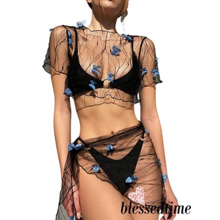 Bộ Đồ Bơi Áo Lưới Tay Ngắn Có Dây Buộc Và Chân Váy Quấn Eo Họa Tiết Bướm Ba Chiều Dành Cho Bạn Nữ