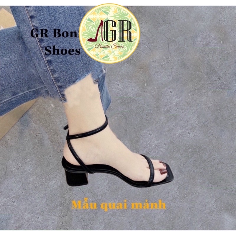 Sandal mũi vuông da mềm dây mảnh gót vuông 6p