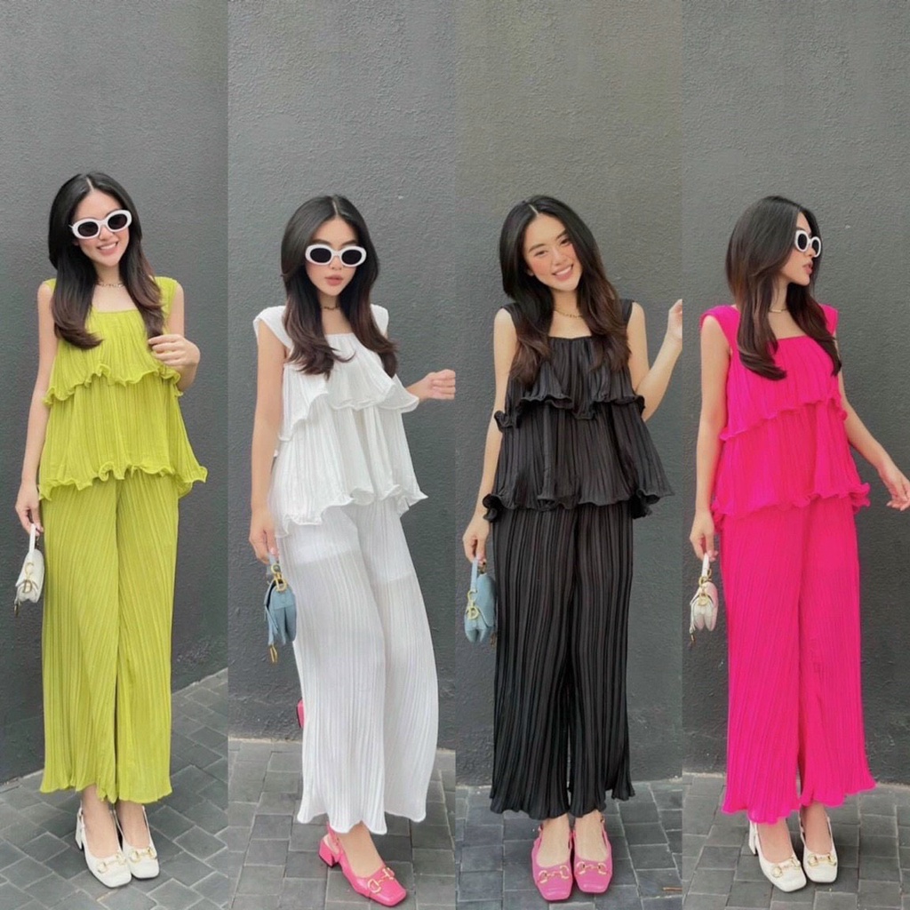 Set bộ lụa dập ly bèo tầng quần ống rộng, set áo cánh tiên quần dài chanh sả, xinh xắn