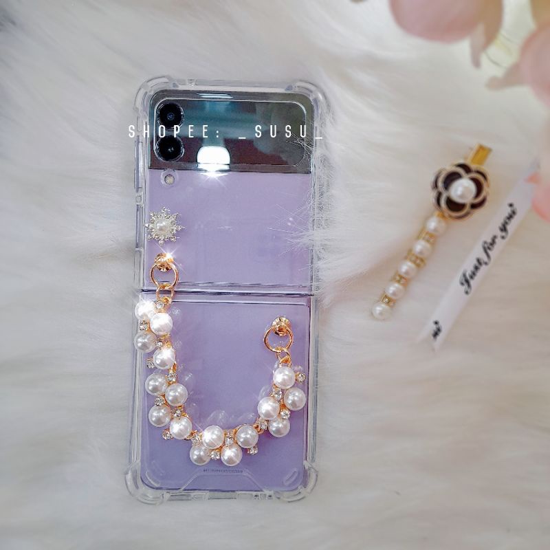 Ốp trong suốt Samsung Z Flip 4 - Z Flip 3 - ZFlip3 - Flip4 dây trai đính đá kèm charm hoa tuyết