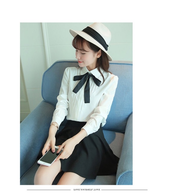 Áo sơ mi big size màu trắng tay dài cổ thắt nơ size lớn 65-80kg