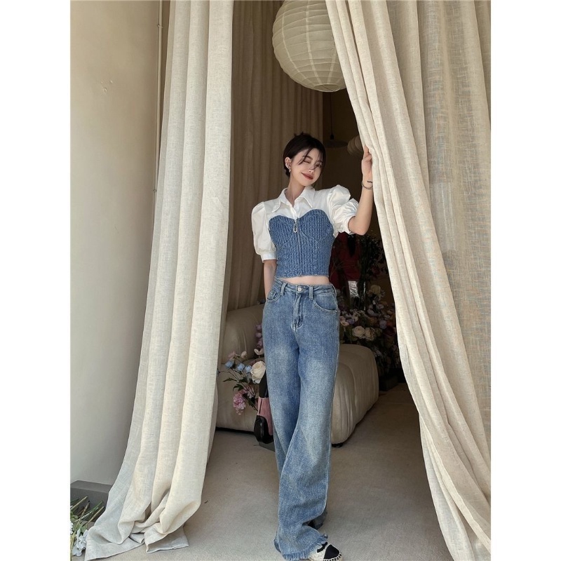 Áo sơ mi COZOKC denim ngắn tay dáng ôm kiểu cổ điển cá tính