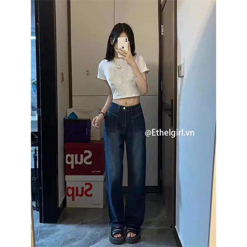 Quần jeans Nữ Lưng Cao Ống Rộng Phong Cách retro Mỹ