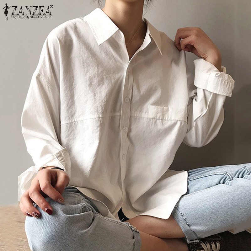 ZANZEA Áo Sơ Mi Tay Dài Cổ Bẻ Có Túi Giả Thời Trang Cho Nữ