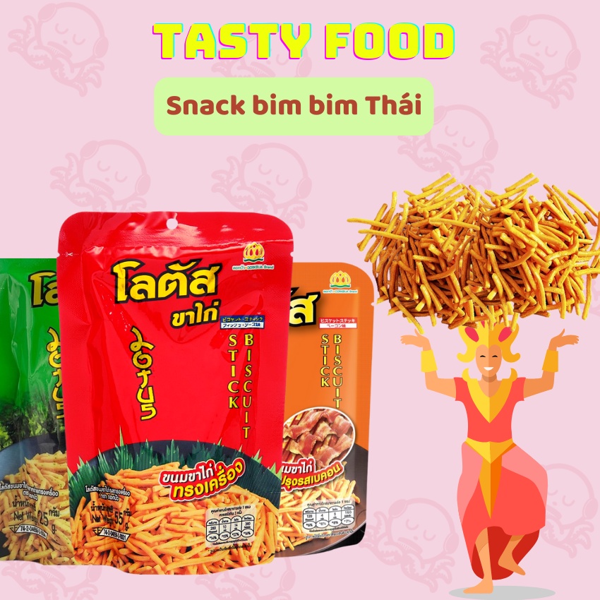 Bánh que Thái Lan Lotus Biscuit Stick gói 50g, Bim Bim Que thái vị thịt hun khói, snack que thái lan Tasty Food