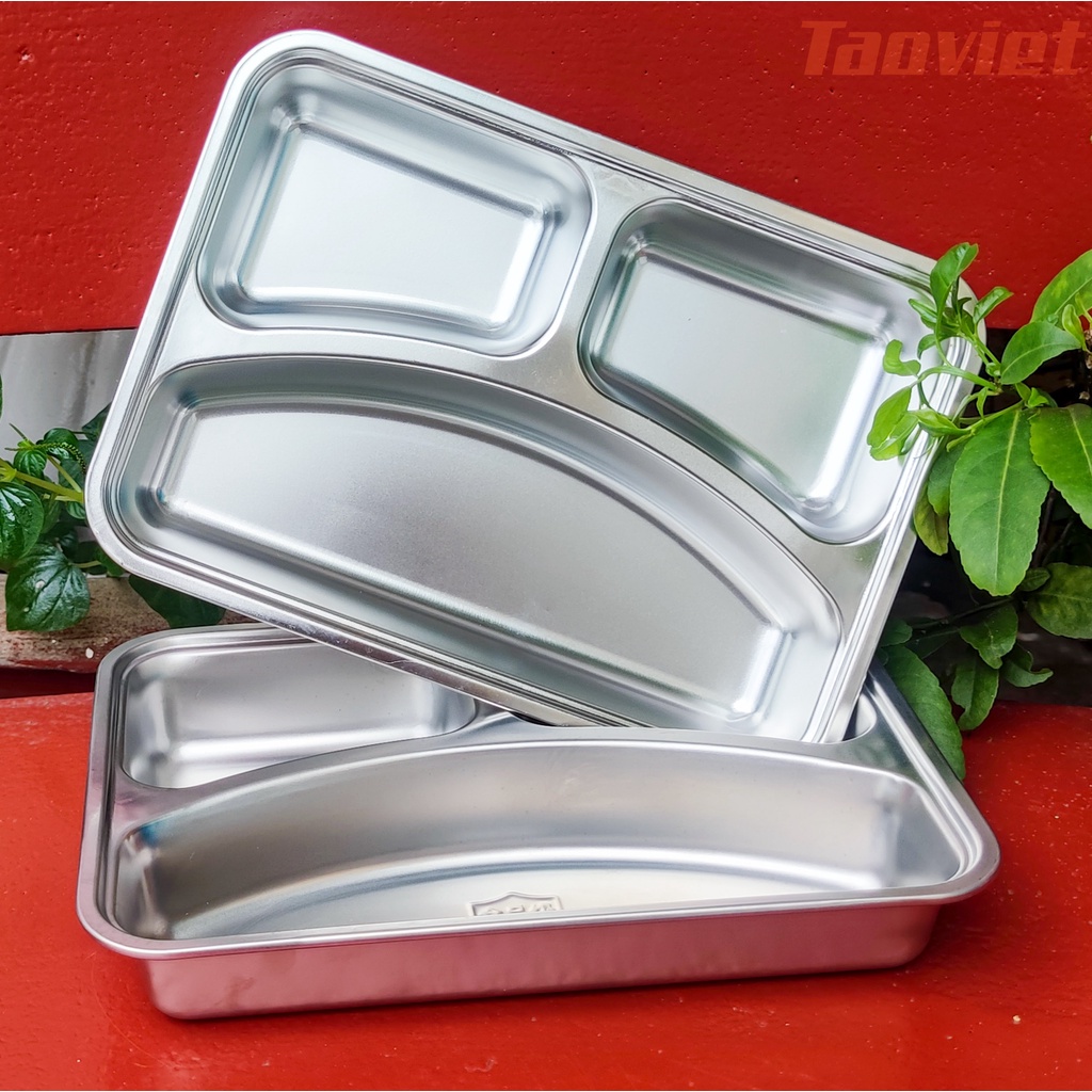 Khay Cơm Phần cỡ 24*17CM 3 ngăn cỡ nhỏ tiểu học hình chữ nhật bằng Inox 201 Inox 304 Cao Cấp
