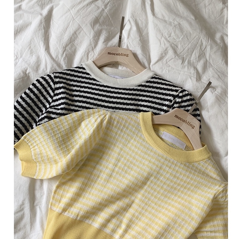 QADCOL Áo Sweater Dệt Kim Tay Ngắn Dáng Ôm Kẻ Sọc Phối Màu Dễ Thương Kiểu Hàn Quốc