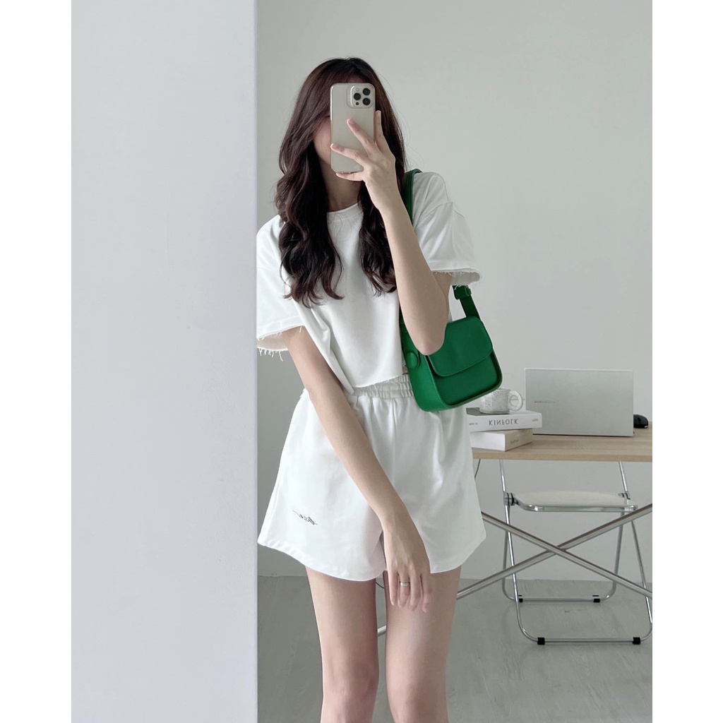 Set Đùi Trơn Áo Croptop Chữ Kí PEONYB Nữ [FREESHIP]  Bộ đồ quần short kèm thun kiểu đường phố 3158 hàn quốc Ulzzang
