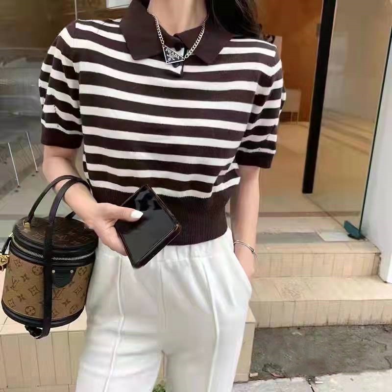 SUXI Áo Dệt Kim Tay Ngắn Kẻ Sọc Dễ Phối Đồ Thời Trang Phong Cách Hàn Quốc