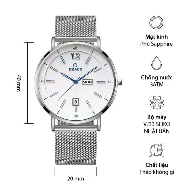 Đồng hồ nam Draco D21-ST01 " The First boy" trắng kết hợp chất liệu dây lưới màu bạc-thời trang nam
