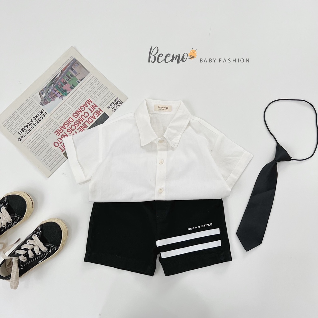 Bộ quần áo sơ mi cộc tay kèm carvat cho bé trai Beemo, chất liệu cotton kết hợp kaki, form dáng công tử B133