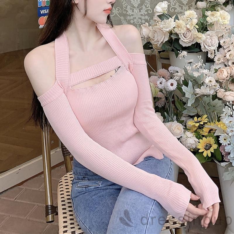 Đầm Dệt Kim Tay Dài Trễ Vai Màu Sắc Đơn Giản Cho Nữ