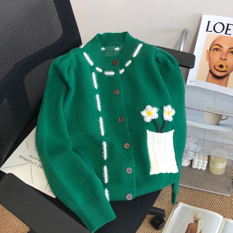 Áo khoác cardigan dệt kim Pure Cube dáng rộng ngắn thêu họa tiết tươi mới xinh xắn cho nữ