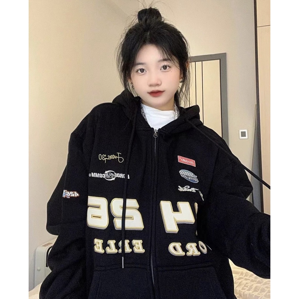 Áo khoác hoodie nữ zip bord erle - Nana's House - Áo chất nỉ ngoại hình thêu sắc nét form dáng thụng