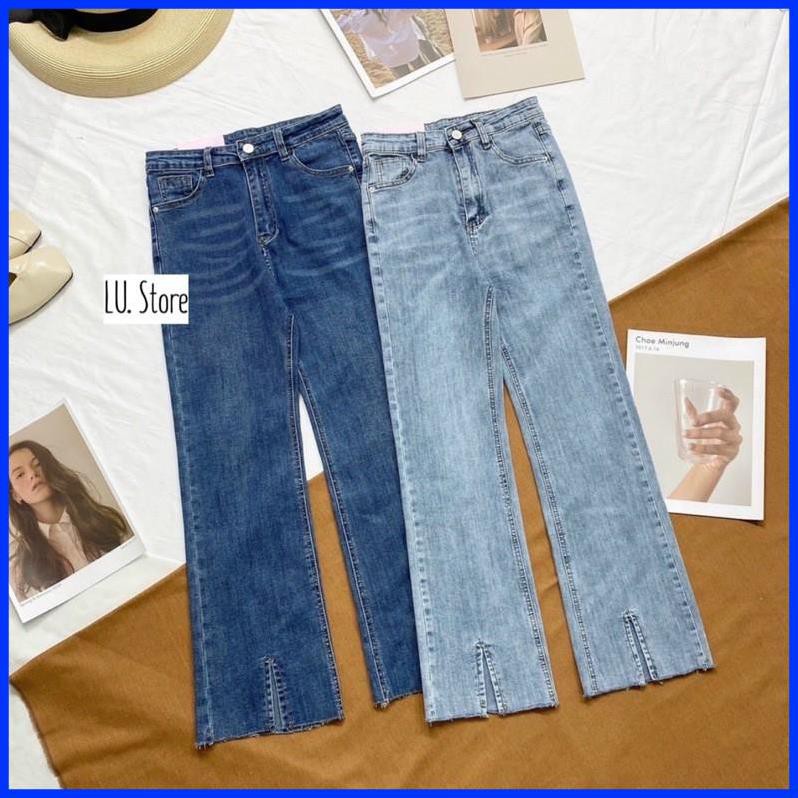 Jeans ống Loe viền Xẻ chỉ nổi hàng Quảng Châu Ulzzang [ẢNH THẬT]
