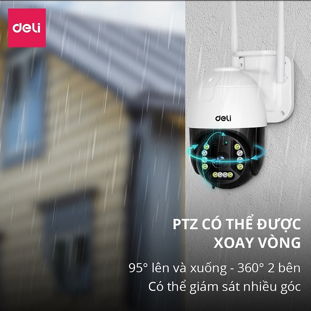 [LIFEMC02BPABAU -10% đơn 250K] Camera Wifi IP Ngoài Trời Chống Nước PTZ Deli Full HD 1080P Xoay 360 Độ ES103