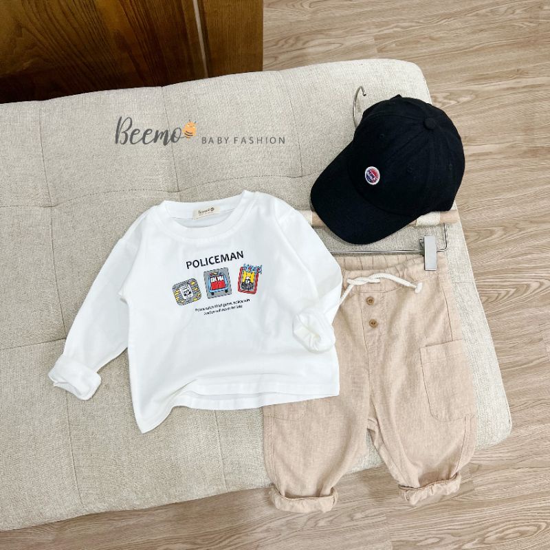 Áo cotton  dài tay in chữ policeman cho bé trai,bé gái