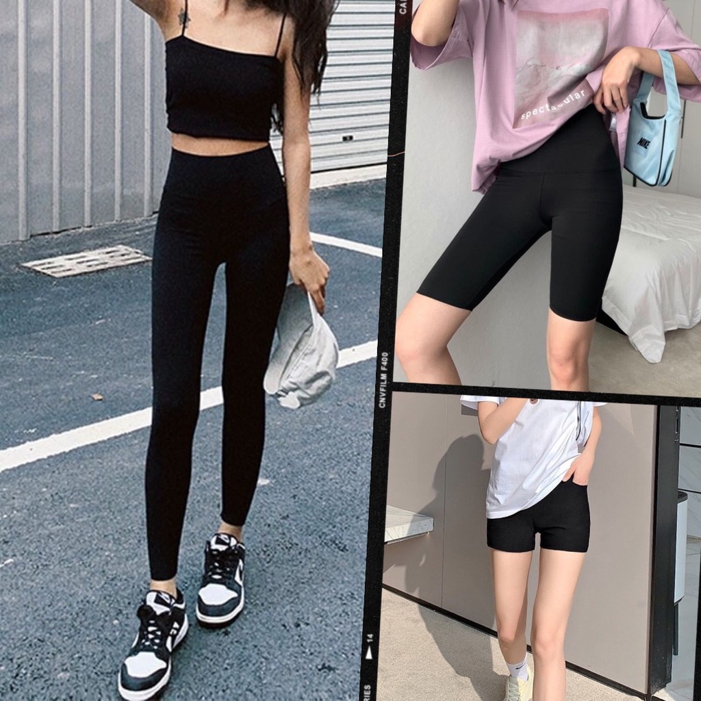 Quần legging nữ Basic Black, quần legging nữ lửng, đùi Biker, dài tôn dáng ôm body vải thun co dãn 4 chiều