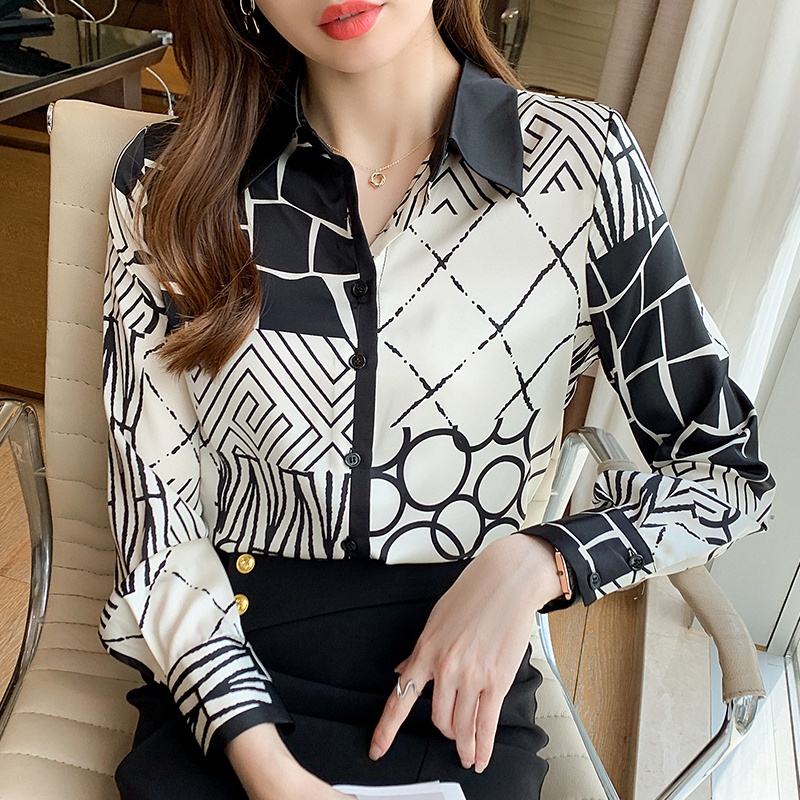 Áo sơ mi tay dài họa tiết hình học thời trang cho nữ