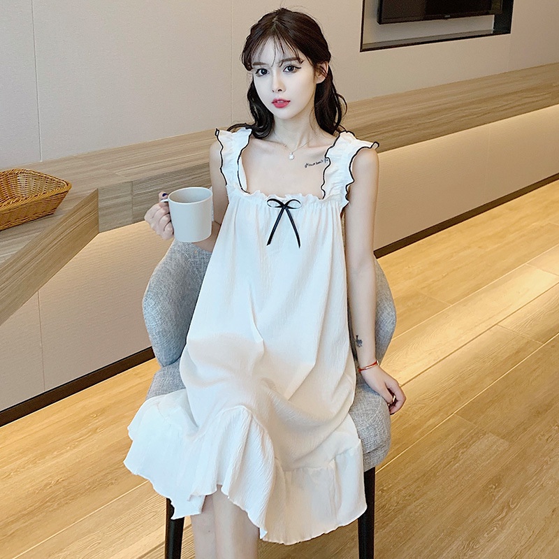 Đầm Ngủ Cotton Hai Dây  Ngực Màu Trơn Thời Trang Mùa Hè Hàn Quốc Dễ Thương