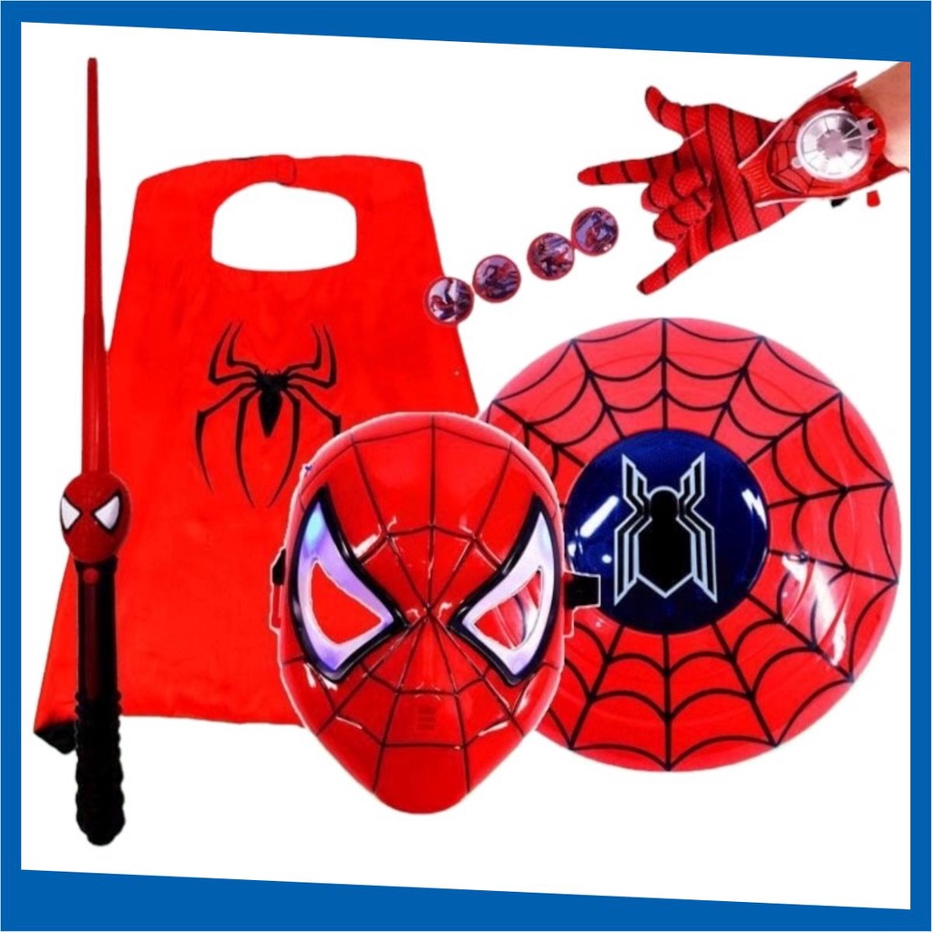 Set đồ chơi hóa trang thành Siêu nhân gồm Khiên - Áo choàng - Gậy ánh sáng và Mặt nạ người Nhện cho bé