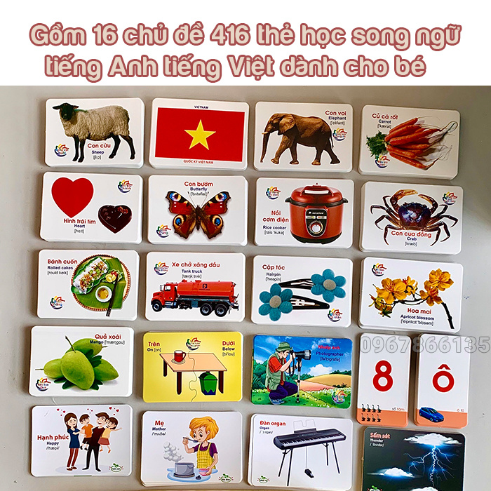 Bộ thẻ học thông minh 16 chủ đề 416 thẻ học song ngữ tiếng Anh tiếng Việt dành cho bé