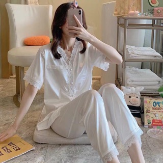 pijama lụa satin cổ V phi bóng chấm bi trái tim sang chảnh