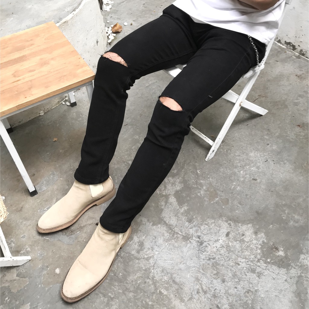 [Co GIãn+Không Phai Màu]Quần Jean Rách Gối Nam Màu Đen Vải Không Phai Màu, Co Giãn Dáng Skinny Phong Cách Hàn Quốc-J02 | BigBuy360 - bigbuy360.vn