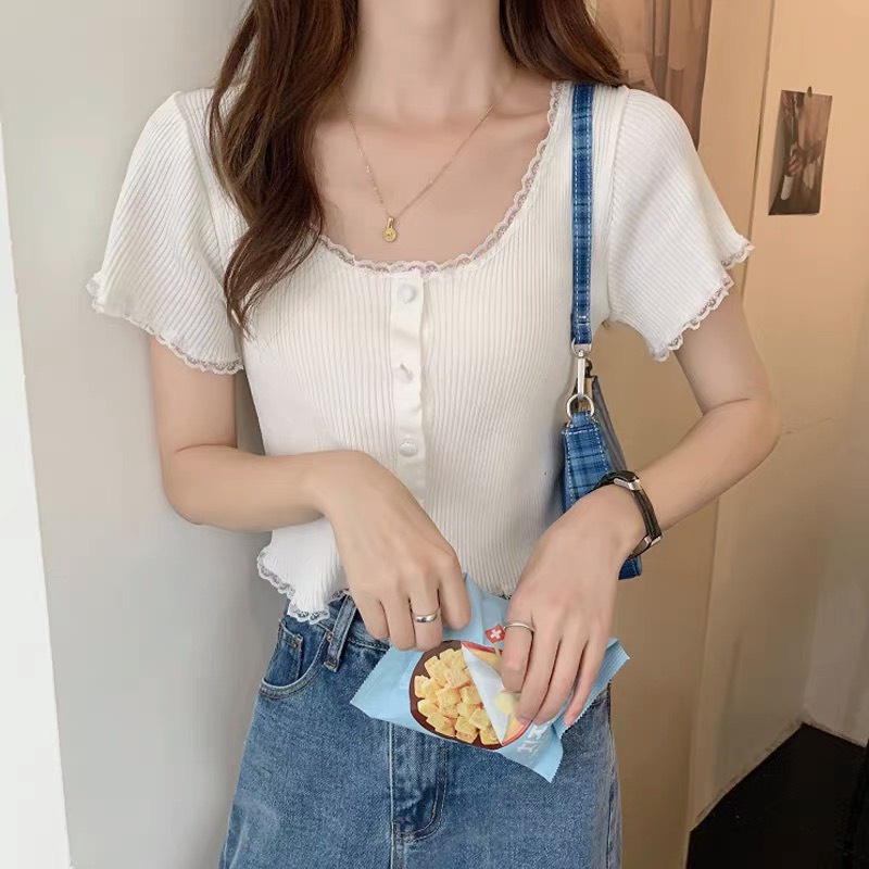 Áo Thun tay ngắn Viền ren chất thun Gân tăm dày dặn xinh đẹp  -Thời Trang VADA  (AT19)