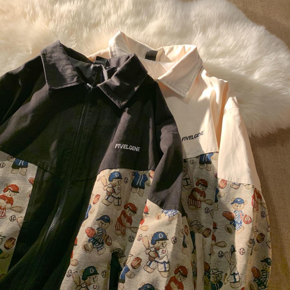 ☾✙Áo khoác bóng chày cổ bẻ in hình gấu dễ thương phong cách vintage cho cặp đôi