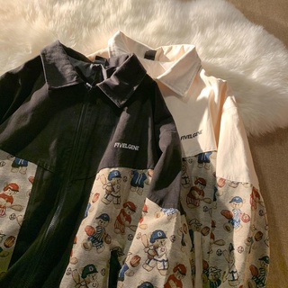 ✆Áo khoác bóng chày cổ bẻ in hình gấu dễ thương phong cách vintage thời trang