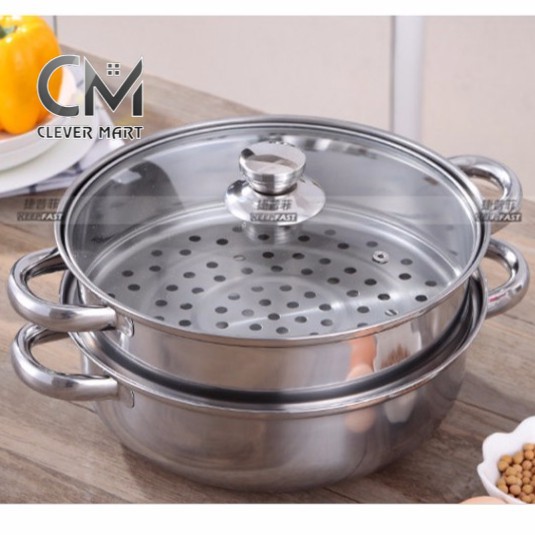 Nồi hấp inox 2 tầng kèm lẩu - vung kính 28cm